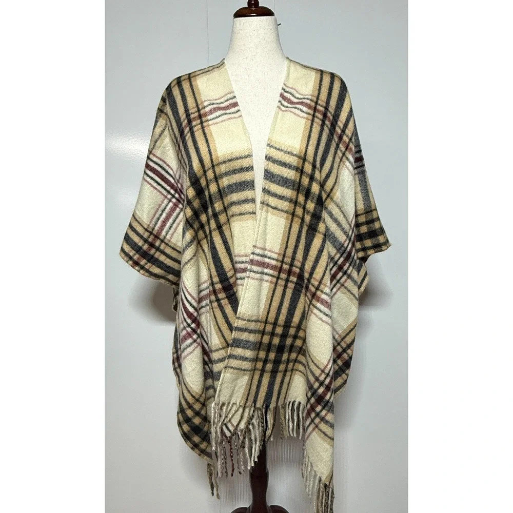Woolrich Poncho Cape Womens One‎ Size Tan Red Plaid Fringe Hem Shawl Boho